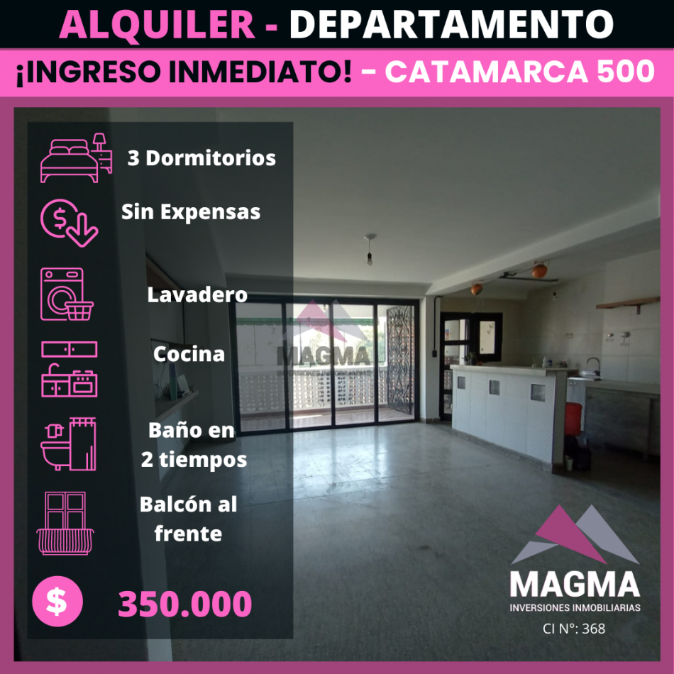 Alquiler - Departamento de 3 Dormitorios (Frente a Plaza Alberdi)